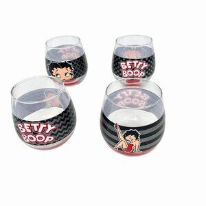 NWT SET OF 4 BETTY BOOP STEMLESS WINE GLASSES W/ SILVER GLITTER GREAT GIFT